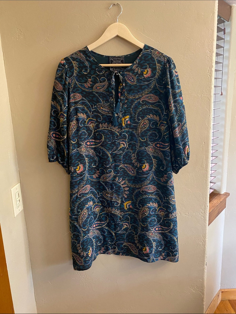 Johnny Was Teal Paisley Mini Dress with Accent Floral Motifs